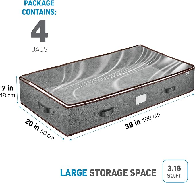 Under Bed Storage Bins - 90L Pack Of 4 Under The Bed Storage Containers For Clothes, Blankets, Winter Clothing, & Shoes - Underbed Storage Containers With Handles, Dual Zippers, & Clear Top