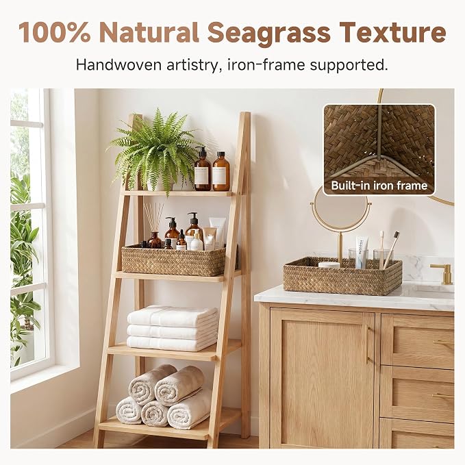 StorageWorks Large Bathroom Baskets, Wicker Storage Baskets for Shelves | Handwoven Seagrass Trays for Decor & Organizing, Shallow Rectangle Wicker Trays for Ottoman and Living Room, 2-Pack, Brown
