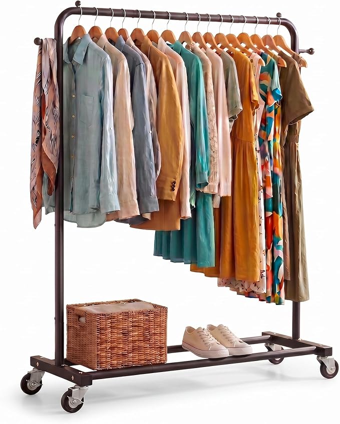 Sywhitta Metal Clothing Rack on Wheels with Bottom Shelf, for Clothes,Black | Rolling Garment Rack for Hanging Clothes, Coats, Skirts, 39.76" L x 16" W x 63.78" H,Space-Saving Mobile Organizer for Closet