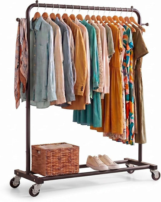 Sywhitta Metal Clothing Rack on Wheels with Bottom Shelf, for Clothes,Black | Rolling Garment Rack for Hanging Clothes, Coats, Skirts, 39.76" L x 16" W x 63.78" H,Space-Saving Mobile Organizer for Closet