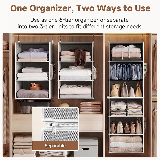 StorageWorks 6-Shelf Jumbo Closet Organizers, Two 3-Shelf Separable Hanging Shelves for Closet, 13" D x 15" W x 47 ¼"H，Gray