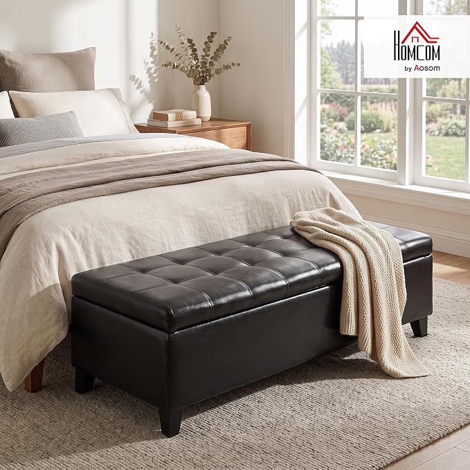 HOMCOM 51" Ottoman Storage Bench Faux Leather Storage Chest Black | Lift Top, Tufted Ottoman, Living Room, Entryway