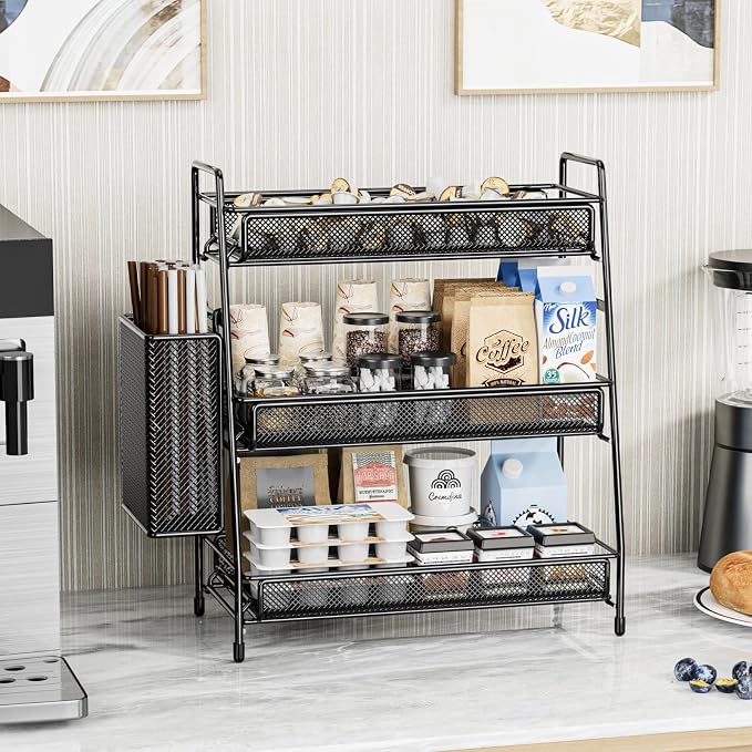 EKNITEY Bathroom Countertop Organizer Shelf - 3 Tier Counter Spice Rack | Metal, Removable Basket, Non-Slip Base, Makeup Rack, Small Coffee Station Organizer, for Sink Bedroom Kitchen Living room