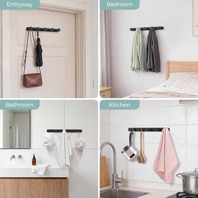 FORIOUS Hat and Coat Rack Wall Mount, 5 Wall Hooks SUS304 for Hanging Black | 304 Stainless Steel Hook Rack for Bags Keys Hats, Coat Racks for Bathroom Bedroom Entryway Kitchen Hotel, Space Saving