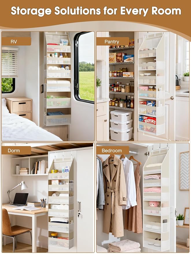 Criusia 2 Pack Over the Door Organizer, 6-Shelf Closet Hanging Storage with 13 Mesh Pockets, 55lbs Capacity Behind the Door Storage for Baby Nursery, Bathroom, Bedroom, and Dorm, Beige