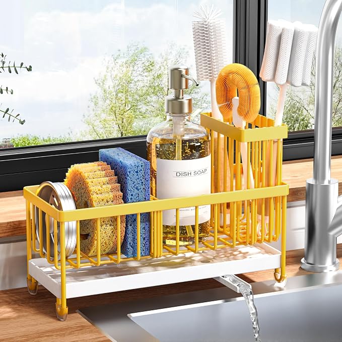 Cisily Sponge Holder for Kitchen Sink, Sink Caddy Organizer with High Brush Holder, Kitchen Countertop Organizers and Storage Essentials, Rustproof 304 Stainless Steel (Yellow, 9.25″)