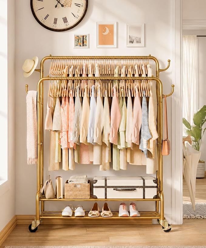 Homde Sturdy Garment Rack for Bedroom: 265 lbs Heavy Duty Clothes Organizer | 2 Hanging Rods Hold Coat to T-Shirt - Easy Roll & Park on Wheels - Metal Frame Stays Solid & Stable at Full Load