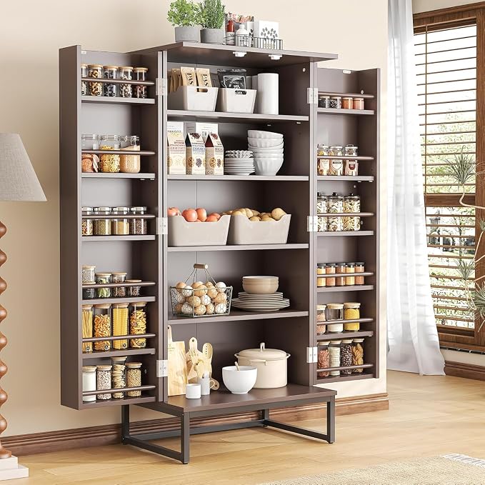 kepptory 51" Pantry Cabinet with Diamond-Patterned Doors and Golden Handles, Freestanding Kitchen Storage Cabinet with 17 Shelves, Tall Metal Base, Adjustable Feet, Grey (Brown, 16"D x 24"W x 51"H)