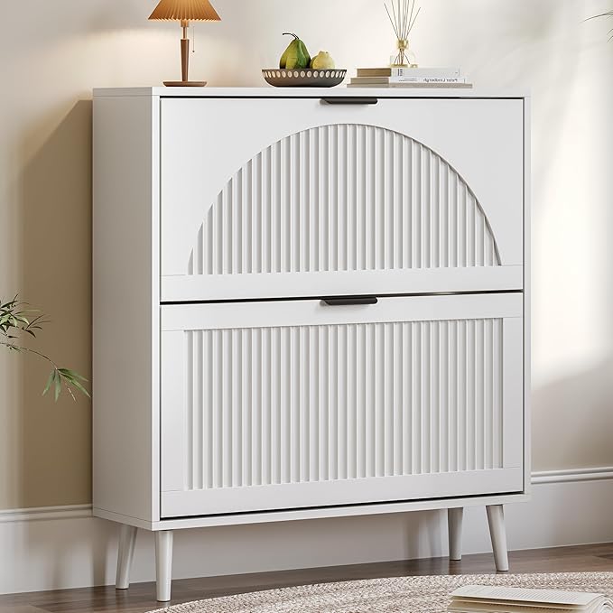 BORNOON Shoe Cabinet for Entryway with 2 Flip Drawers, Slim Wooden Shoe Storage Organizer with Modern Fluted Pannel，Freestanding Narrow Hidden Shoe Rack for Hallway, Foyer, Living Room