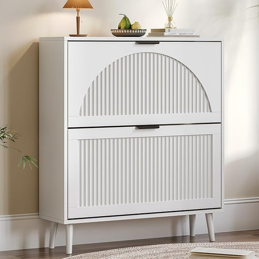 BORNOON Shoe Cabinet for Entryway with 2 Flip Drawers, Slim Wooden Shoe Storage Organizer with Modern Fluted Pannel，Freestanding Narrow Hidden Shoe Rack for Hallway, Foyer, Living Room