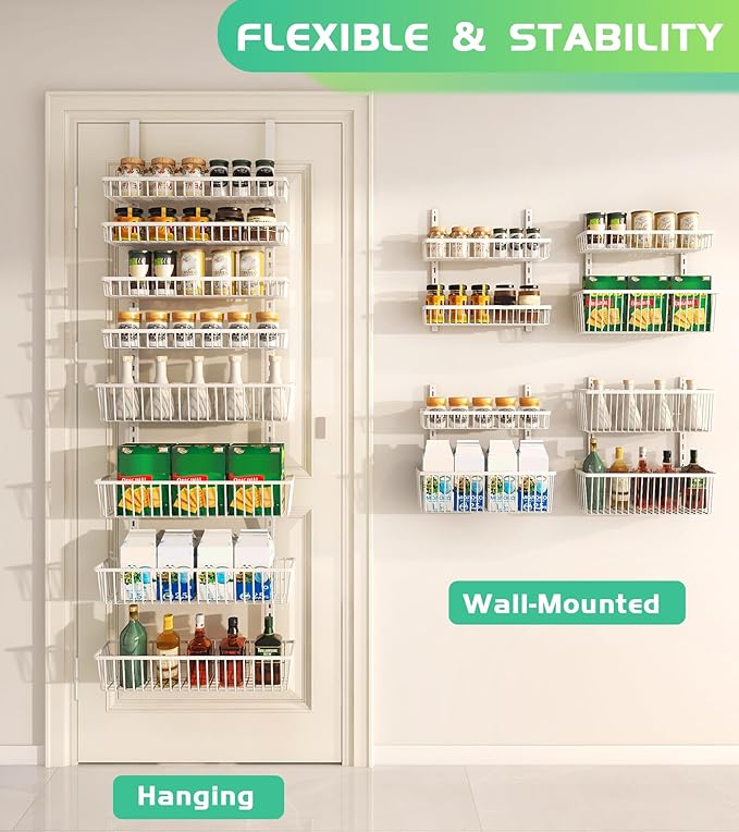 Mefirt Over The Door Pantry Organizer, Pantry Organization and Storage | Pantry Hanging Organizers and Storage, Adjustable Heavy-Duty Metal for Home & Kitchen, Back of Door Seasoning Rack
