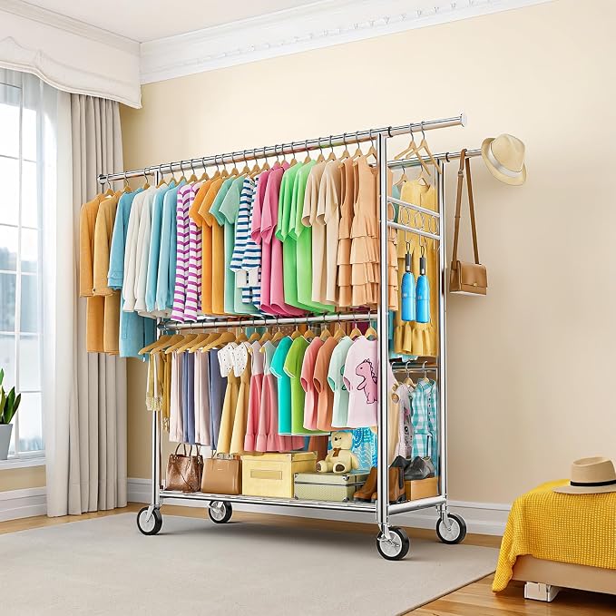 Heavy Duty Clothes Rack Load 1060LBS, Four Rods Rolling Clothing Racks for Hanging Clothes, Rolling Garment Rack With Sturdy Wheels Shelves Hooks, Portable & Adjustable Commercial Garment Rack, Silver