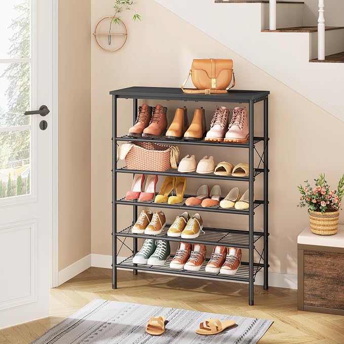 6 Tier Shoe Rack for 20-24 Pairs of Shoes, Black | Sturdy & Durable, X Shape Fixed Frame, Metal Mesh Shoe Shelf, Industrial, For Closet, For Entryway Shoe Storage