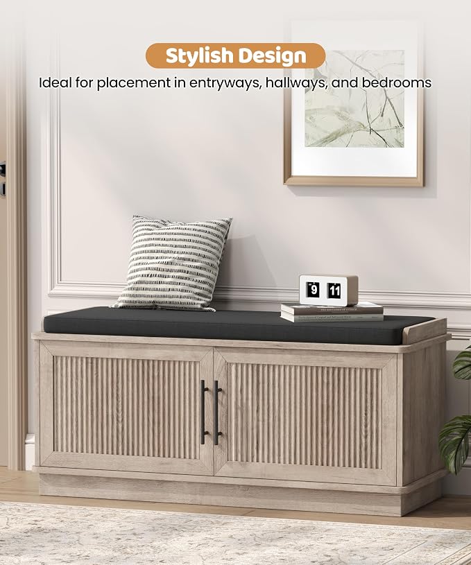 Akxomel 39.4" Fluted Shoe Storage Bench 2 Doors Wooden Entryway Bench Greige