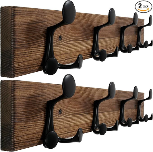 WEBI Coat Rack Wall Mount,24" Solid Wood Coat Hooks Wall Mounted Coat Hanger,16" Hole to Hole,Heavy Duty Hook Rack,4 Triple Hooks for Hanging Coats,Jacket,Hat,Backpack,Farmhouse,Brown,2 Packs