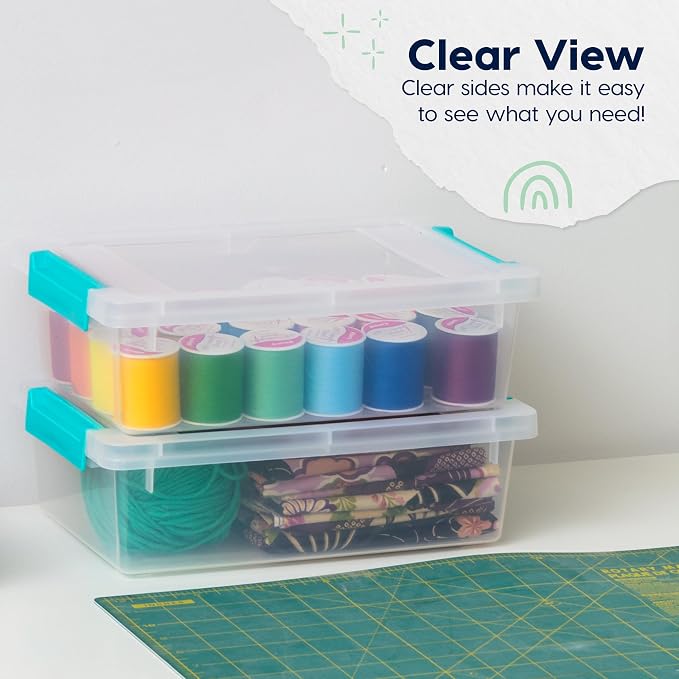 IRIS USA Storage Bins with Lids |Made in USA| 2 Qt - (6-Pack) - Clear | Sensory Craft Organizers, Plastic Clip Box Totes, Flat Containers for Organizing Paper, Office, Art & Study Supplies