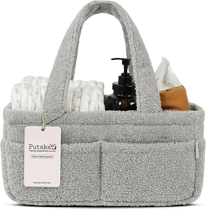 PUTSKA Baby Diaper Caddy Organizer, Nursery Basket, Gray Fleece