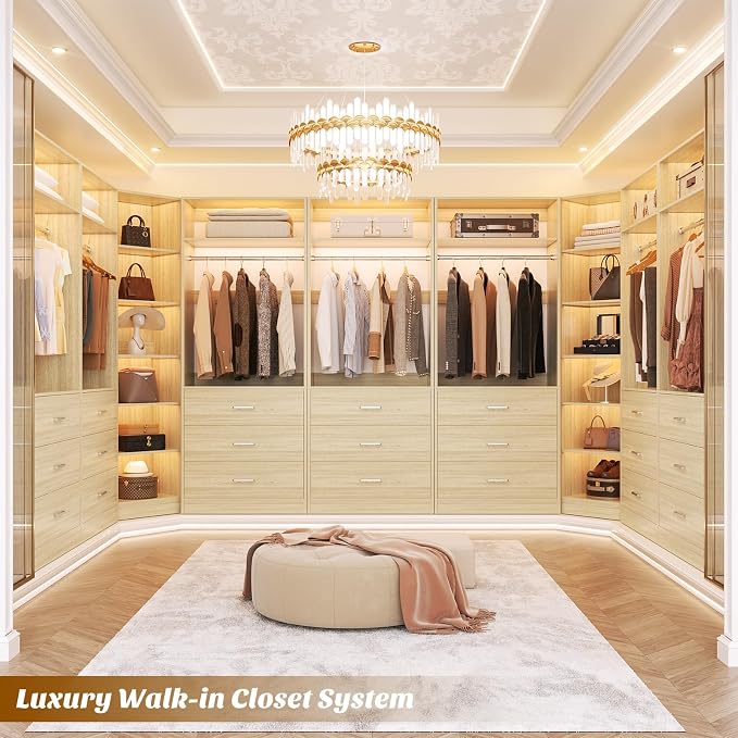 Besiost Closet System with 6 Drawers & 10 Shelves, Corner Closet Organizer System, Reversible Walk-in Closets, (L-Shaped 31.5" L * 31.5" W / I-Shaped 62.9" L * 15" W), Load 1500+LBS, White Oak