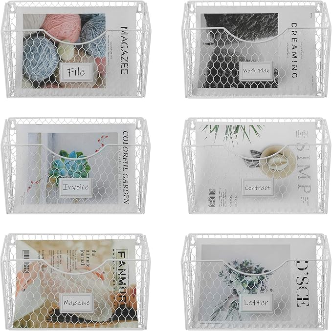 6 Pockets Hanging File Holder Wall Mount Mail Organizer Metal Chicken Wire Magazine Rack with Tag Slot, White