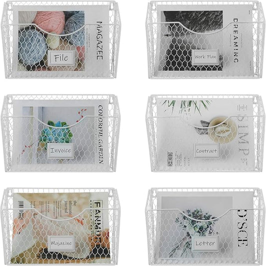 6 Pockets Hanging File Holder Wall Mount Mail Organizer Metal Chicken Wire Magazine Rack with Tag Slot, White