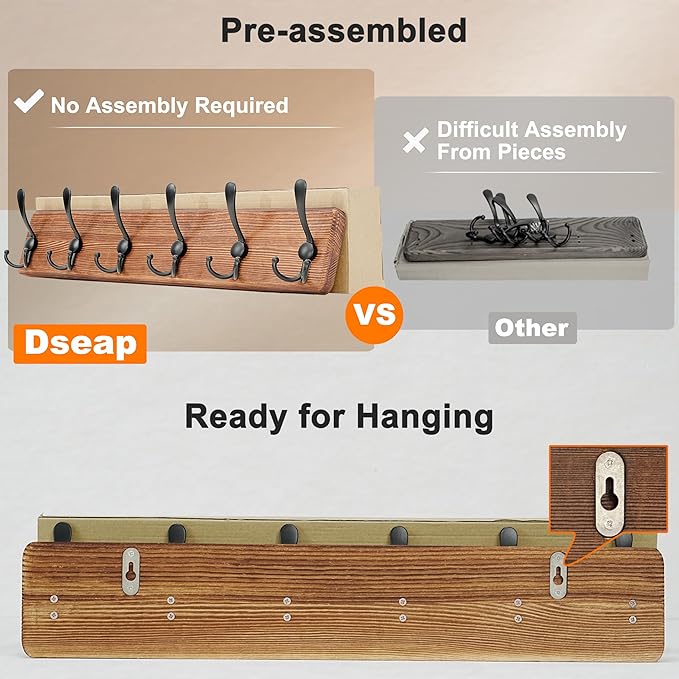 Coat Rack Wall Mounted - 24" Long 6 Tri Hooks, Heavy Duty Wooden Wall Coat Hanger Coat Hook for Clothes Hat Jacket Clothing, White and Black
