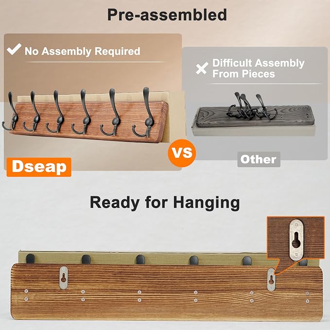 Coat Rack Wall Mounted - 24" Long 6 Tri Hooks, Heavy Duty Wooden Wall Coat Hanger Coat Hook for Clothes Hat Jacket Clothing, Weathered Yellow and Black