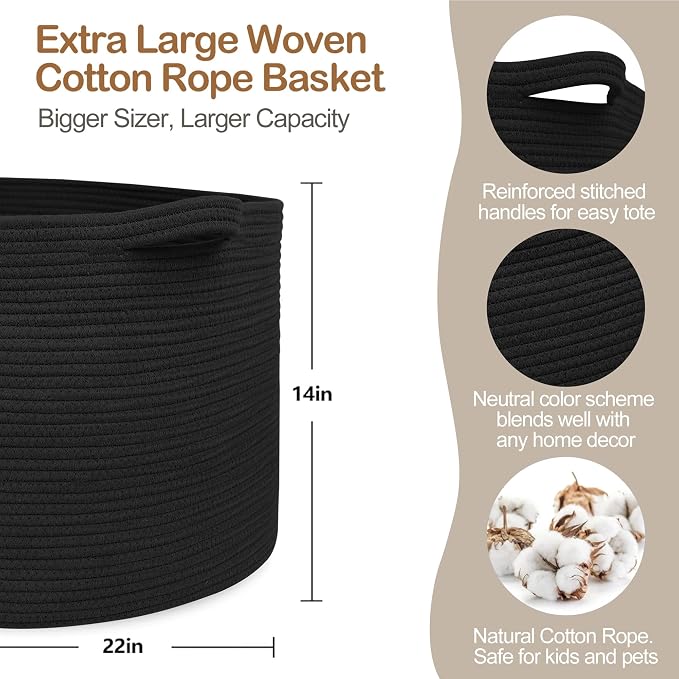 Large Black Blanket Basket, 22" X 22" X 14" Woven Rope Bin for Storage, Kids Dog Toy Storage Box Organizer Bins, Blanket Holder for Living Room, Decorative Wicker Basket for Organizing