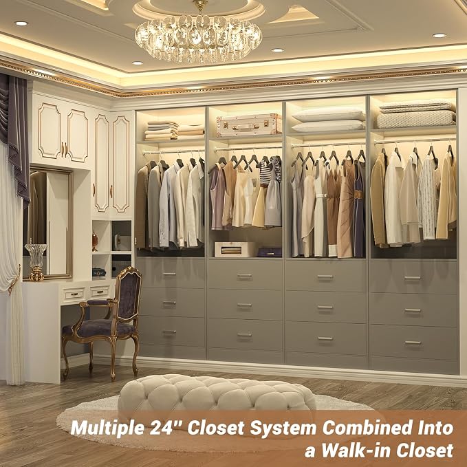 Besiost Freestanding 2FT Closet System with 3 Wood Drawers, 24" Closet Organizer System with Hanging Rod & Shelves, Walk-in Closet Systems for Small Closets, Grey (24"L x 15" W x 80" H)
