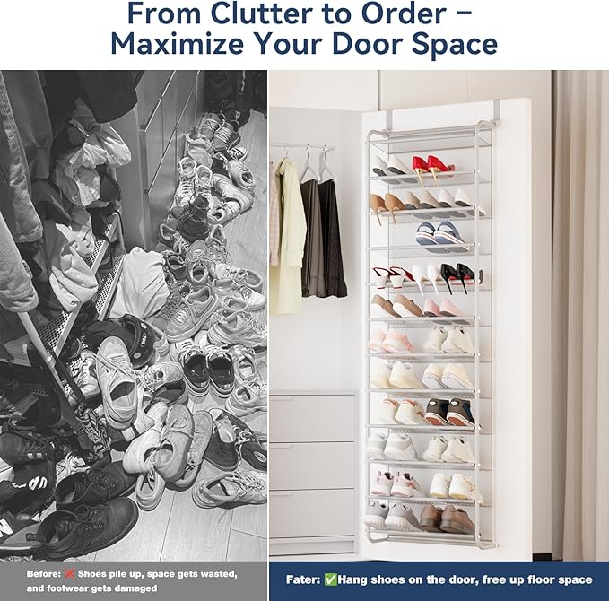 Whitmor 36 Pair Over The Door Shoe Organizer, 12 Tier Hanging Shoe Organizer, Heavy Duty Metal & Mesh Shoe Holder, Hanging Shoe Rack for Closet Organizer & Storage, 74"H x 21.7"W x 7.5"D, Grey