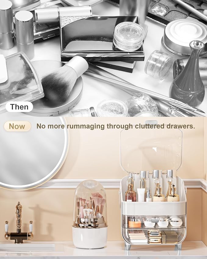 Makeup Organizer Countertop, Skincare Holder Bathroom Counter Organizer, Storage Box Cosmetic Display Cases, Teen Girl Gifts Make up Organizers (Sliver/Brush)