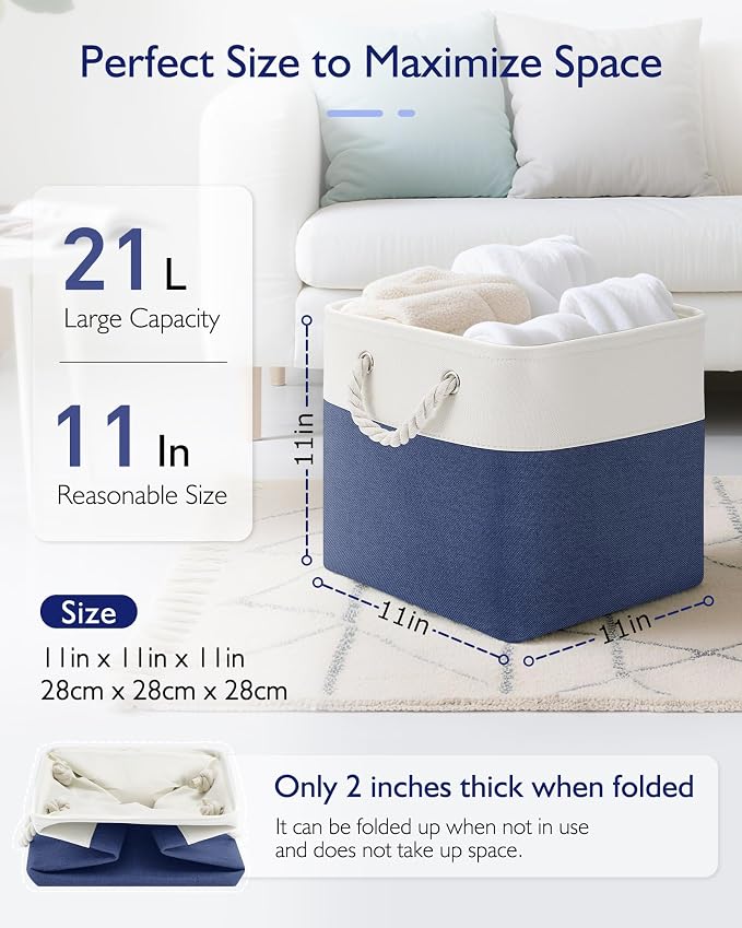 Patvingot 11-Inch Fabric Cube Storage Bins with Handles,4 Pack,Foldable | For cube shelves and closets,keeps grouped for everyday access,reinforced opening and fold-flat storage,white and blue