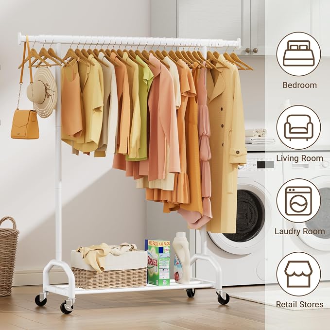 Heavy Duty Rolling Clothing Rack, 450 lbs Capacity Metal Clothes Rack with Wheels, 65" Tall Freestanding Hanging Rack for Bedroom, Laundry Room, Retail Display, White