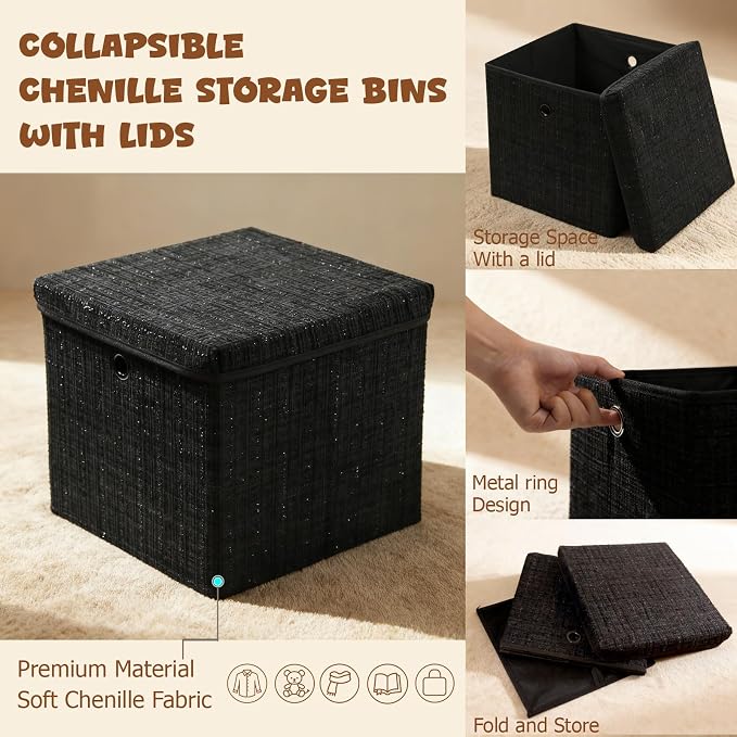modscape 12x12x12 Collapsible Fabric Cube Storage Bins with Lids | Clothes storage bins for shelves, closet, bedroom. Decorative boxes with lids, treasure box for classroom(Shining Black, 3)