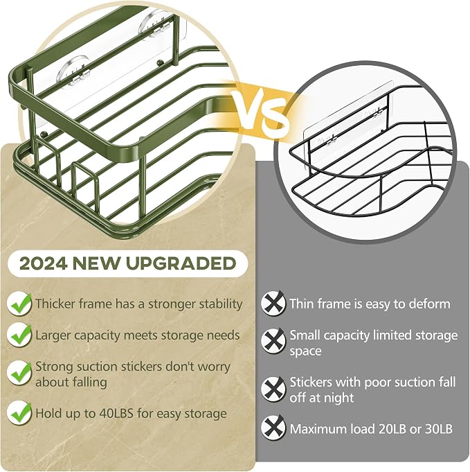 MAXIFFE 3 Pack X-Large Corner Shower Caddy with Soap Holder, Large Capacity Sturdy Easy Install No Drilling Stainless Steel Hold 40 LB Shower Organizer Shelves Rack for Family Renters Bathroom, Green
