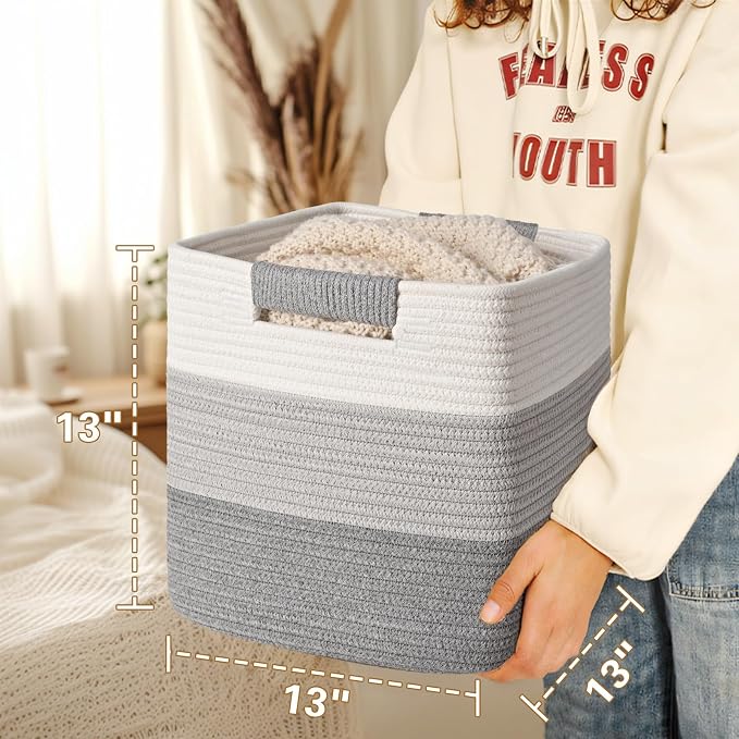 13 Inch Storage Cubes, 3 Pack Cube Storage Bins for Organizing, Cotton Rope Woven Baskets for Shelves, Bathroom, Kids Room, Closets, Baby Nursery