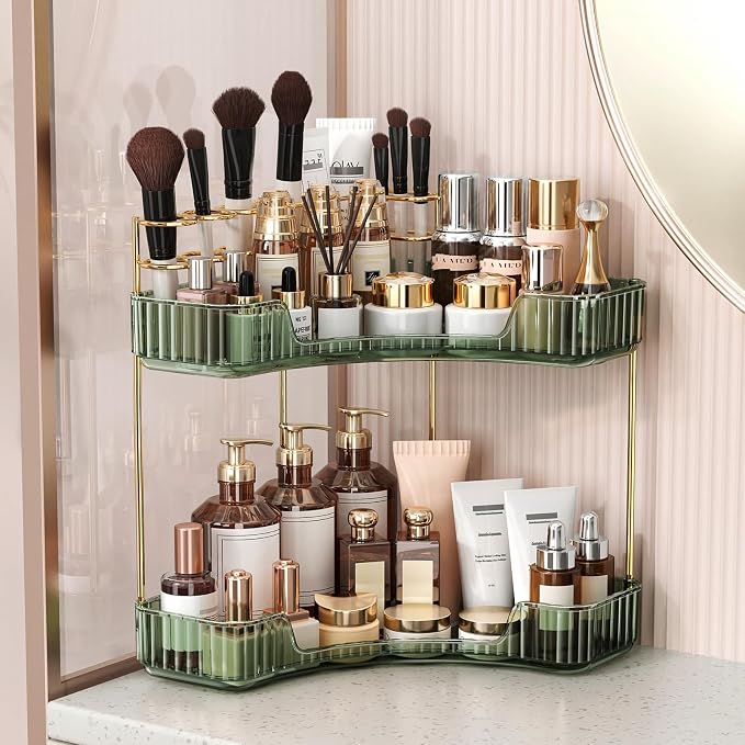 BEFSOP Corner Bathroom Counter Organizer, Upgraded 2-Tier Makeup Organizer Countertop with Makeup Brush Holder, Skincare Exquisite Vanity Organizers Countertop Bathroom Storage Dresser(Green)