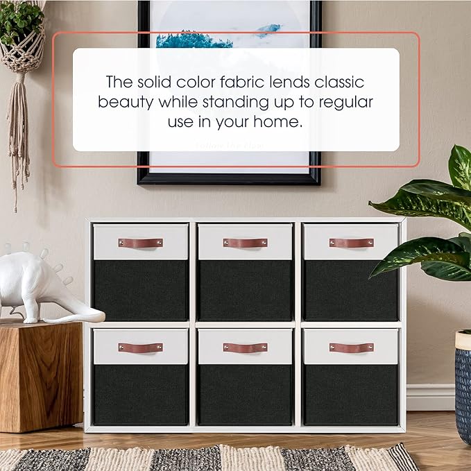 Ornavo Home 11x11 Foldable Fabric Storage Cube Bins, 6 Pack, White/Black | Collapsible Linen Shelf Basket Organizer; Leather Handles; Ideal Cube Storage For Closet