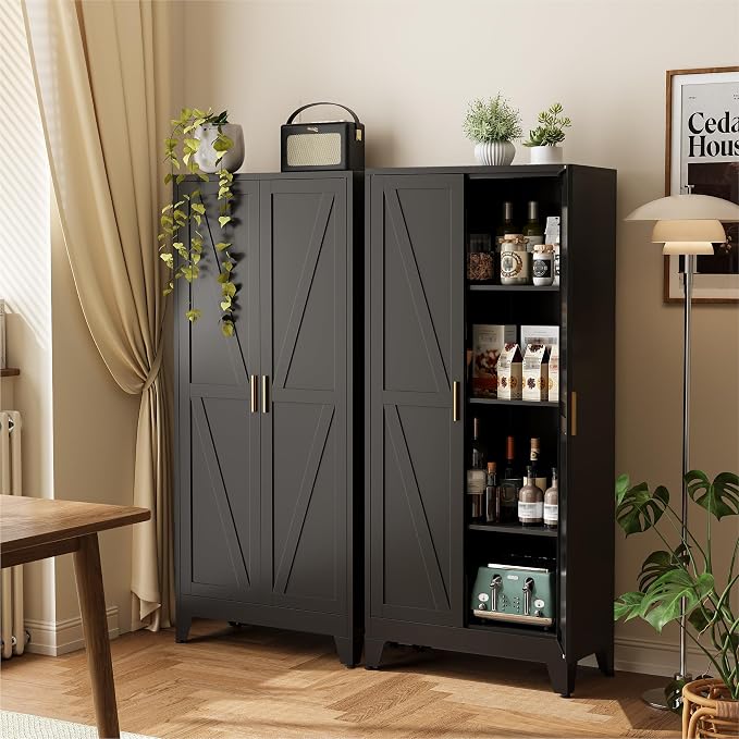 COFaR 61" Metal Pantry Cabinet in Black, Modern Storage Cabinet with Adjustable Shelves, Sturdy Metal Cupboard for Kitchen, Office, Living Room & Bathroom Organization