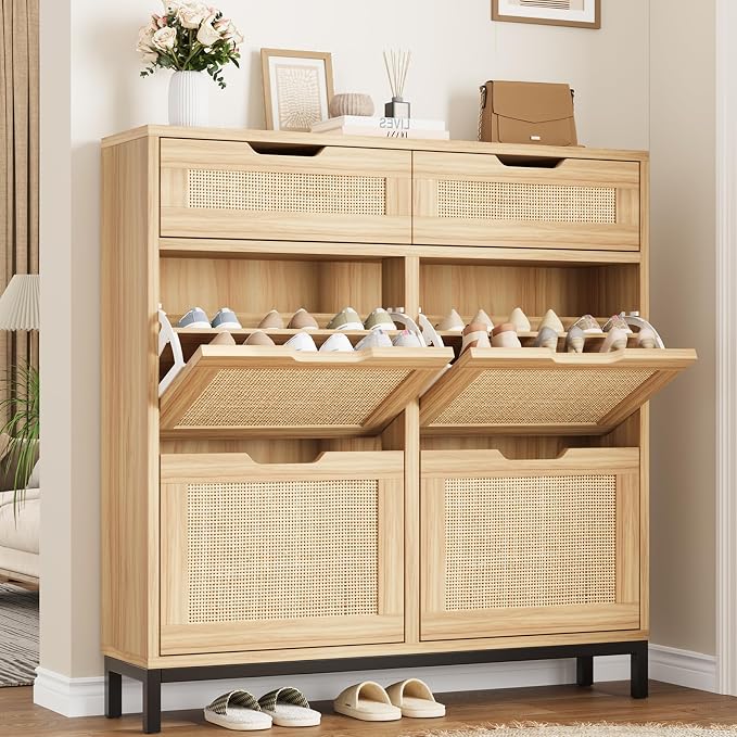 Jocoevol Rattan Shoe Cabinet for Entryway, Boho Shoe Storage Cabinet with 4 Flip Drawers and 2 Drawers, Narrow Freestanding Shoe Rack with Metal Legs for Entryway/Hallway/Foyer (Natural)