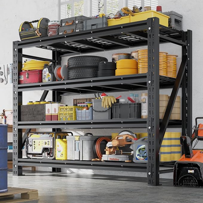 Romorgniz 60" W Garage Shelving 5000LBS Heavy Duty Storage Shelves Adjustable Industrial Shelving 4 Tier Large Metal Utility Shelf for Garage Warehouse Basement Shop, 60" W x 18" D x 72" H, Black, 2PC