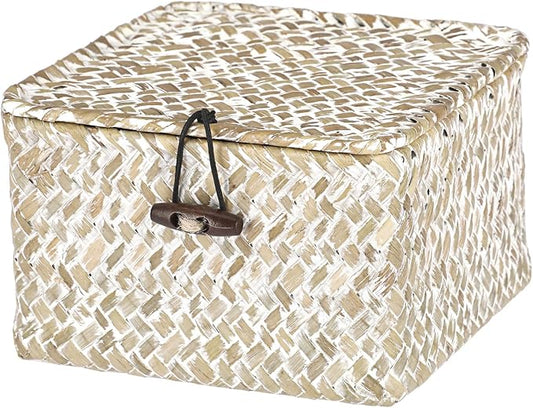 Hipiwe Wicker Shelf Baskets with Lid Woven Decorative Basket Bin, X-small | Handmade Natural Seagrass Storage Box, Household Organizer Bin for Shelf Bathroom Coffee Table Decor Organizer