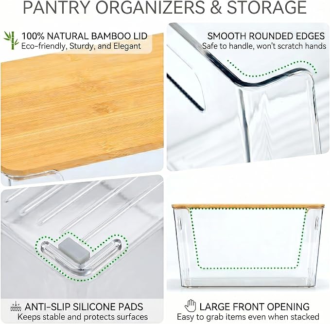 CiWiVOKi 6 Pack Clear Stackable Storage Bins with Bamboo Lids, Trash Bag Holder Dispenser Under Sink Organizer for 4-13 Gal Bags, Plastic Storage Containers for Pantry Bathroom Kitchen Organization
