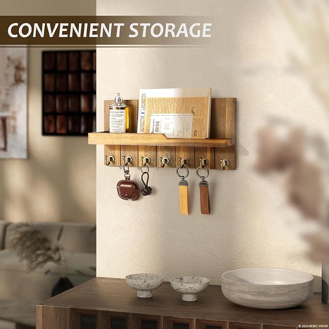 Rebee Vision Acacia Wood Key Holder Wall Mount for Home Decor, Brown | 3.54" x 15" x 7.28", 7 Key Hooks, Floating Shelf, Key Holder for Wall, Coat and Hat Storage, Rustic Home Organization