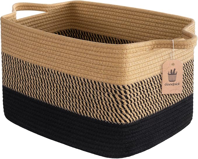 Goodpick Wicker Storage Basket with Handles, 13" x 10" x 9", Black & Jute | Gift Baskets Empty for Dog Toys, Books & Towels Storage, Shelf & Closet Organization, Stylish Home Decor