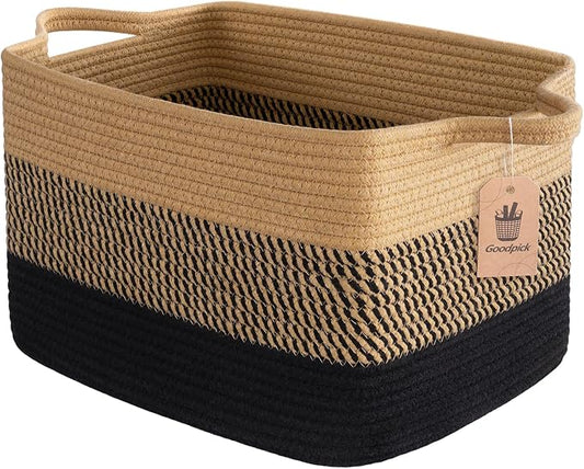 Goodpick Wicker Storage Basket with Handles, 13" x 10" x 9", Black & Jute | Gift Baskets Empty for Dog Toys, Books & Towels Storage, Shelf & Closet Organization, Stylish Home Decor