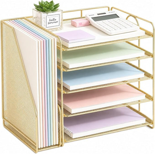 OPNICE Desk Organizer, 5-Tier Paper Organizer Letter Tray with Magazine Holder, Office Desk Accessories & Workspace Organizers, Desktop File Organizer for Office Supplies Storage, Gold