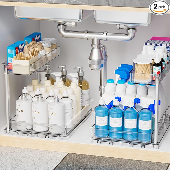 2 Pack 14.5″ Deep Pull Out Under Sink Organizer,10.8″ High 2 Tier Slide Out Cabinet Organizer for Kitchen Cabinet,Undersink Organizers,Under Sink Shelves,Bathroom Organizers and Storage,Clear