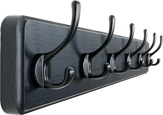Coat Rack Wall: 24" Long, Patented, Heavy-Duty, 6-Double-Hooks Wooden Wall Mounted Coat Rack Coat Hanger Hook Rail for Winter Coats Hat Jacket Clothing, Black