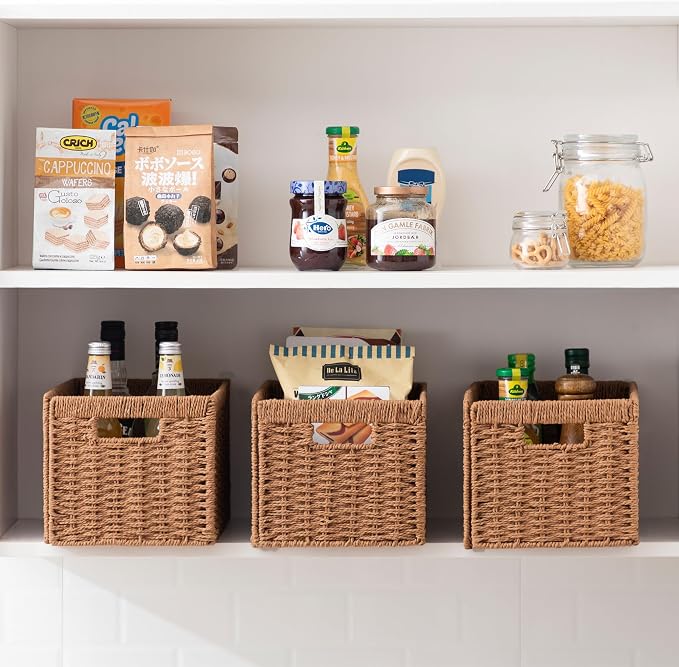 UBBCARE 4 Pack Wicker Basket, 13.4L×8.3H×7.1W inch Woven Paper Rope Storage Baskets for Shelves, Foldable Rectangular Storage Baskets with Handle, Storage Basket for Organizing, Caramel