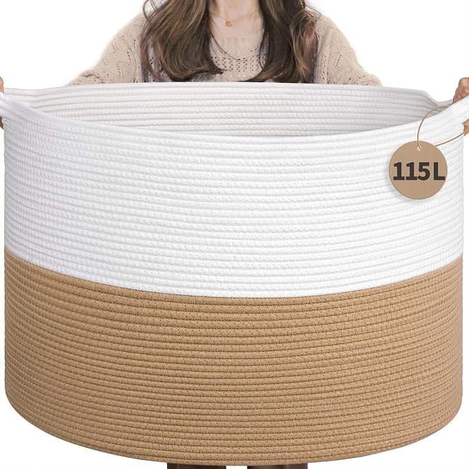 INDRESSME 115L Extra Large Woven Rope Blanket Basket Living Room | 23.6" x 15.7" Storage baskets for toys laundry & pillows. Fits living room, bedroom or nursery décor. Soft-touch with handles